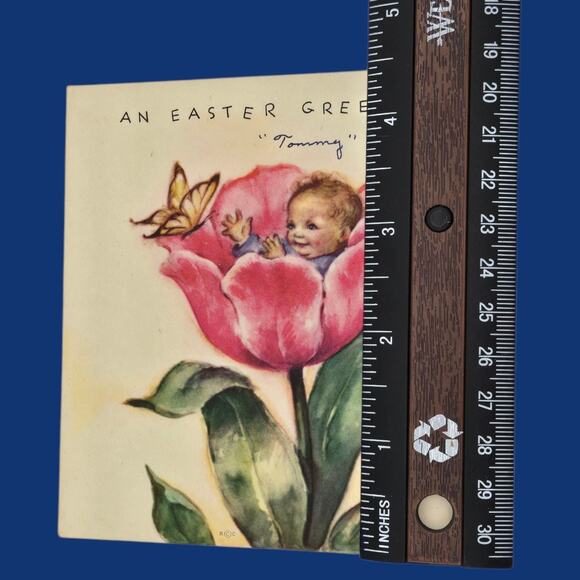 1947 Marjorie Cooper Easter Baby Inside Tulip Butterfly Vintage Rust Craft Card - Picture 7 of 10